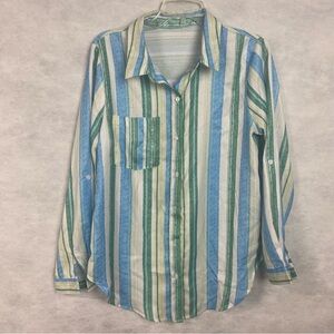 Women’s Colorful Long Sleeve Button Down Shirt Sz Large Green Blue White Casual